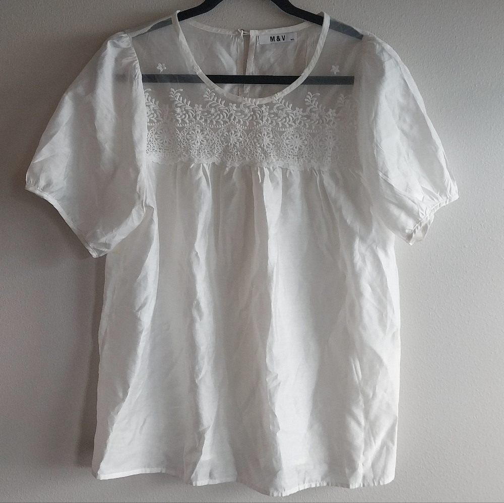 M&V White Silk Cotton Blend Lace Neckline Detail Coquette Romantic Top
